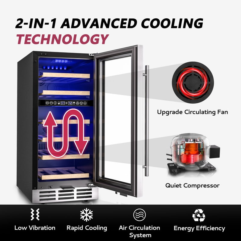 Simzlife 15" Wine Cooler, 30 Bottles Dual Zone Wine Chiller with Digital Temperature Control, Low Noise, Double-Layer Glass Door.