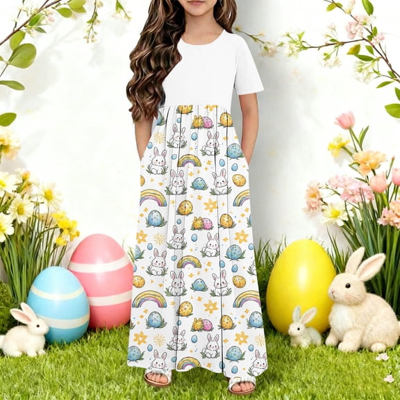 HOZADOIE Girls Dress Easter Print Spring Summer Short Sleeve Color Block Patchwork Crew Neck Relaxed Comfortable Party Dresses with Pockets for 4-14 Years