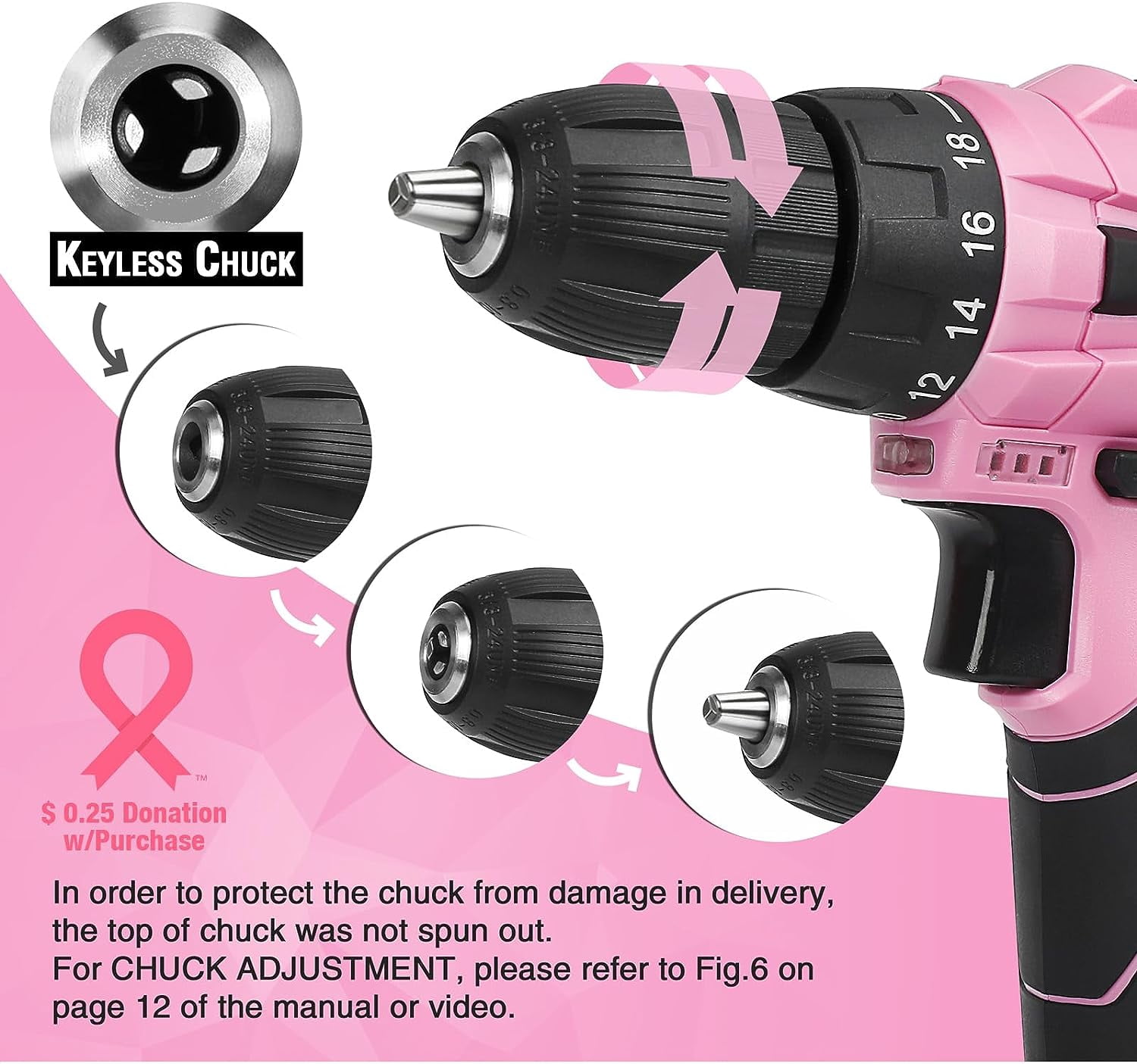WORKPRO 12V Cordless Drill Driver Kit, Power Tool Kit for Home, 61-Piece Hand Tool Set, 14-inch Storage Bag, 1.5Ah Lithium-ion Battery & Charger included (Pink)