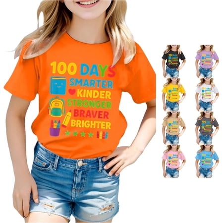 SUXIAN Toddler Girl Shirts Cute Cartoon Print Round Neck Short Sleeve T Shirt Casual Comfort Summer Back to School Top Girls Tops Orange 8-9 Years