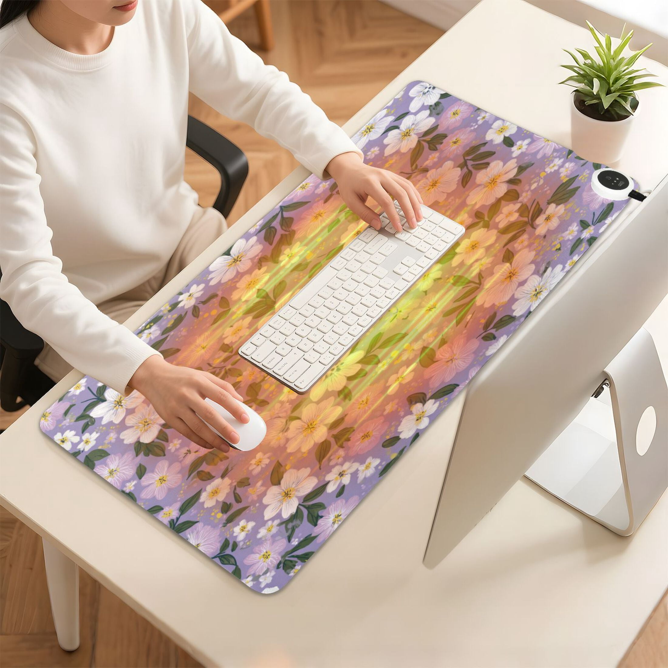 Large Heated Desk Mat Mouse Pad 31.5"x13"PU Leather Graphene Heating Desk Warmer with 3 Temperature Settings 110V US Plug Non-Slip Warm Pad for Home, Office, and Gaming Dainty Floral Seamless Print