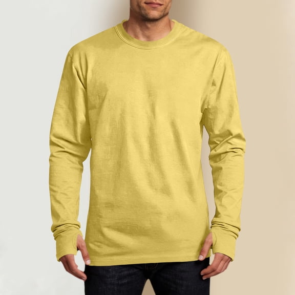LUGOGNE Mens Tshirt Long Sleeve Crewneck Athletic Tops with Thumb Holes Comfortable Lightweight Workout Gym Running Pullover Tee Yellow,M