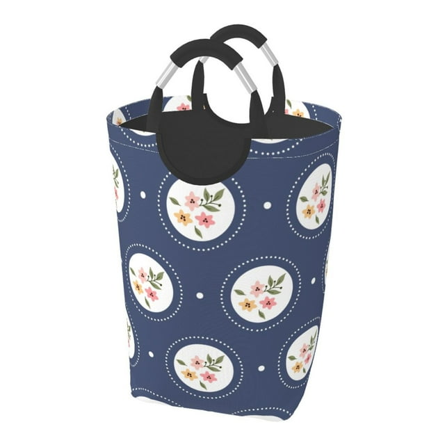 DouZhe 50L Rectangular Laundry Basket, Blue Floral Background Prints Waterproof Foldable Laundry Hamper with Aluminum Handles