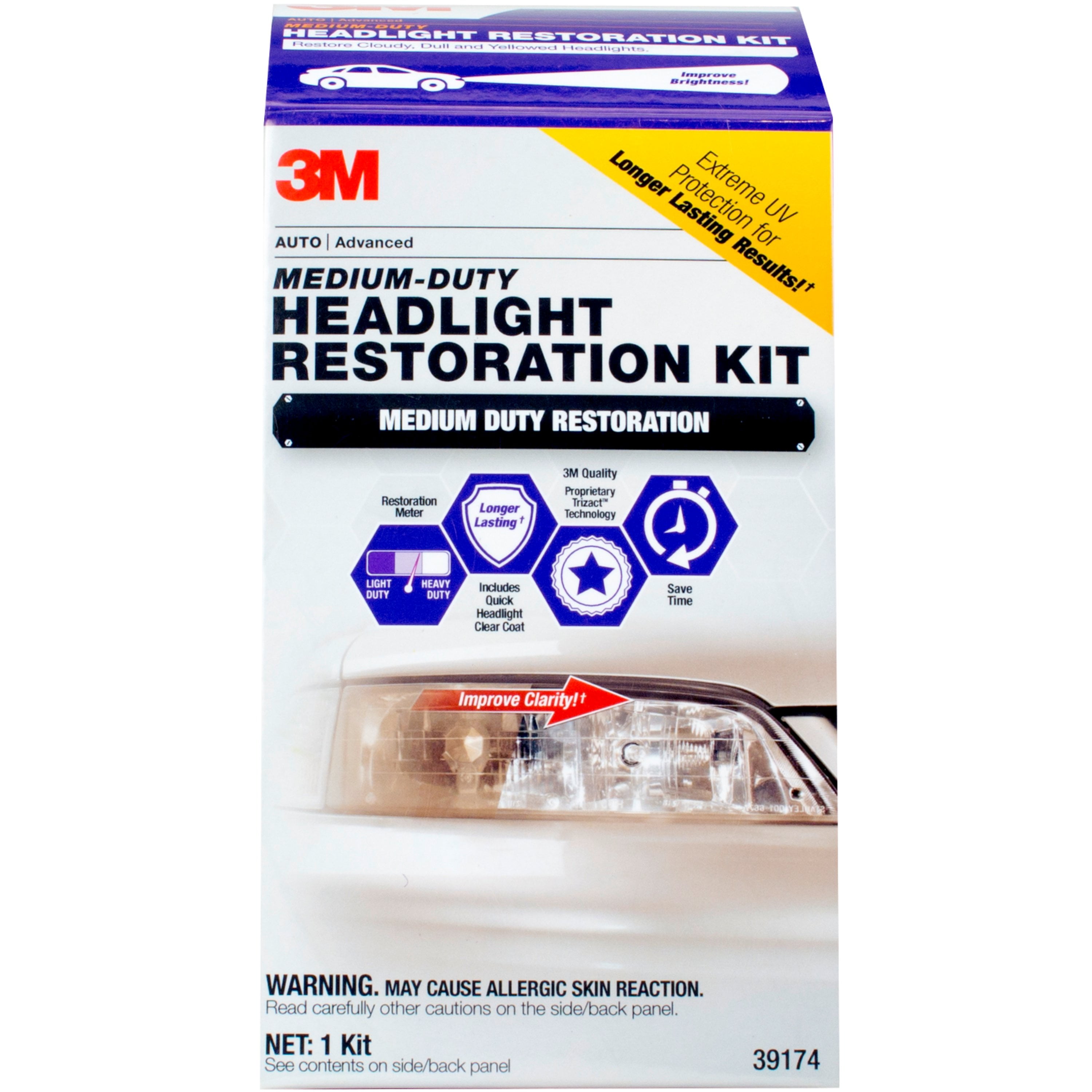 3M Medium Duty Headlight Restoration Kit with Quick Clear Coat, 39174