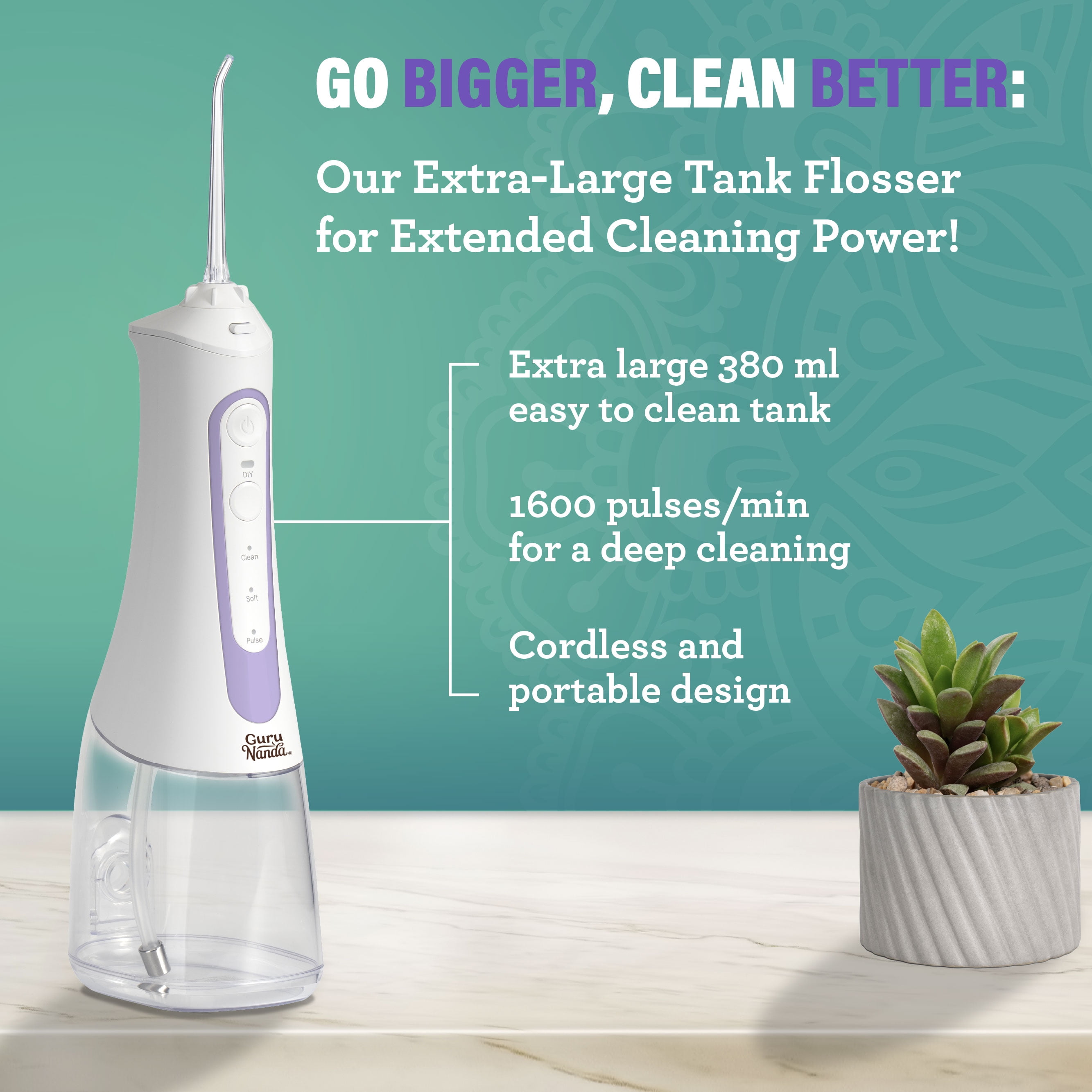 GuruNanda Cordless Water Flosser 2.0 XL – 380ML Tank, 4 Modes, Rechargeable, Smart Timer for Deep Cleaning & Happy Gums – Lavender