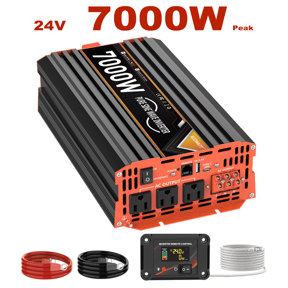 7000W Pure Sine Wave Inverter, 12V DC to 110V AC Car Power Converter, 3 AC Outlets   2 USB Charging Ports, LCD Display, with Remote Control, Suitable for Vehicles, RVs, Camping and Home Backup Power