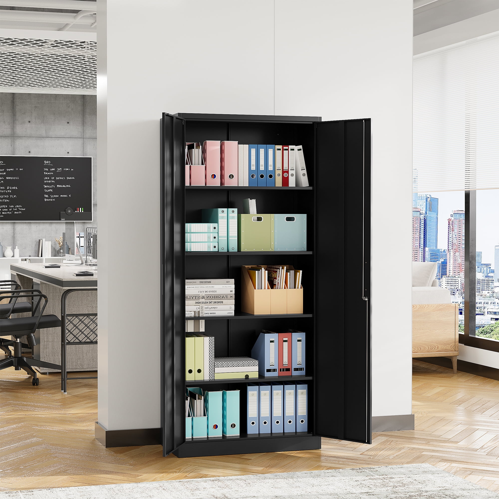 Fesbos Metal Garage Storage Cabinet with 2 Doors and 4 Adjustable Shelves, 71 Inches Tall Black Steel Locking Tool Cabinets for Office, Home, Garage, Gym, School, Warehouse