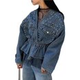 thumbnail image 3 of Chaqueta Vaquera de Motociclista con Cuello en V y Botones para Mujer, con Cuentas y Cintura Ceñida, Ropa de Calle de Otoño A . Azul XXL, 3 of 10