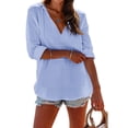 thumbnail image 4 of longantii Women's Beach Cover Up Long Sleeve Summer Linen Shirt Hoodies Sweatshirt V Neck with Pocket Hooded Tops Light Blue M, 4 of 7