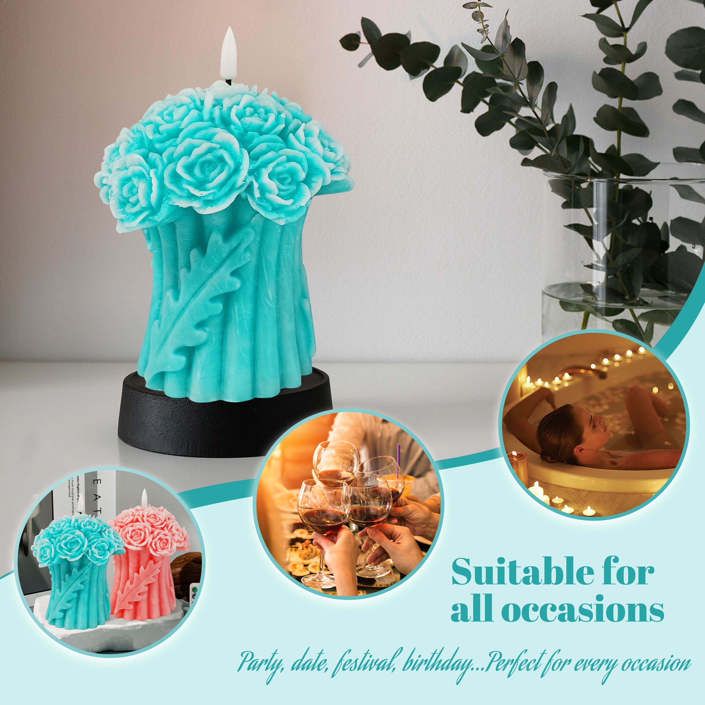 Flower Flickering Flameless Candles, Real Wax LED Candles with Remote and Timer, 3.8 Inch Battery Operated Pillar Candles Gifts for Valentine's Day Mother's Day Wedding Home Decoration