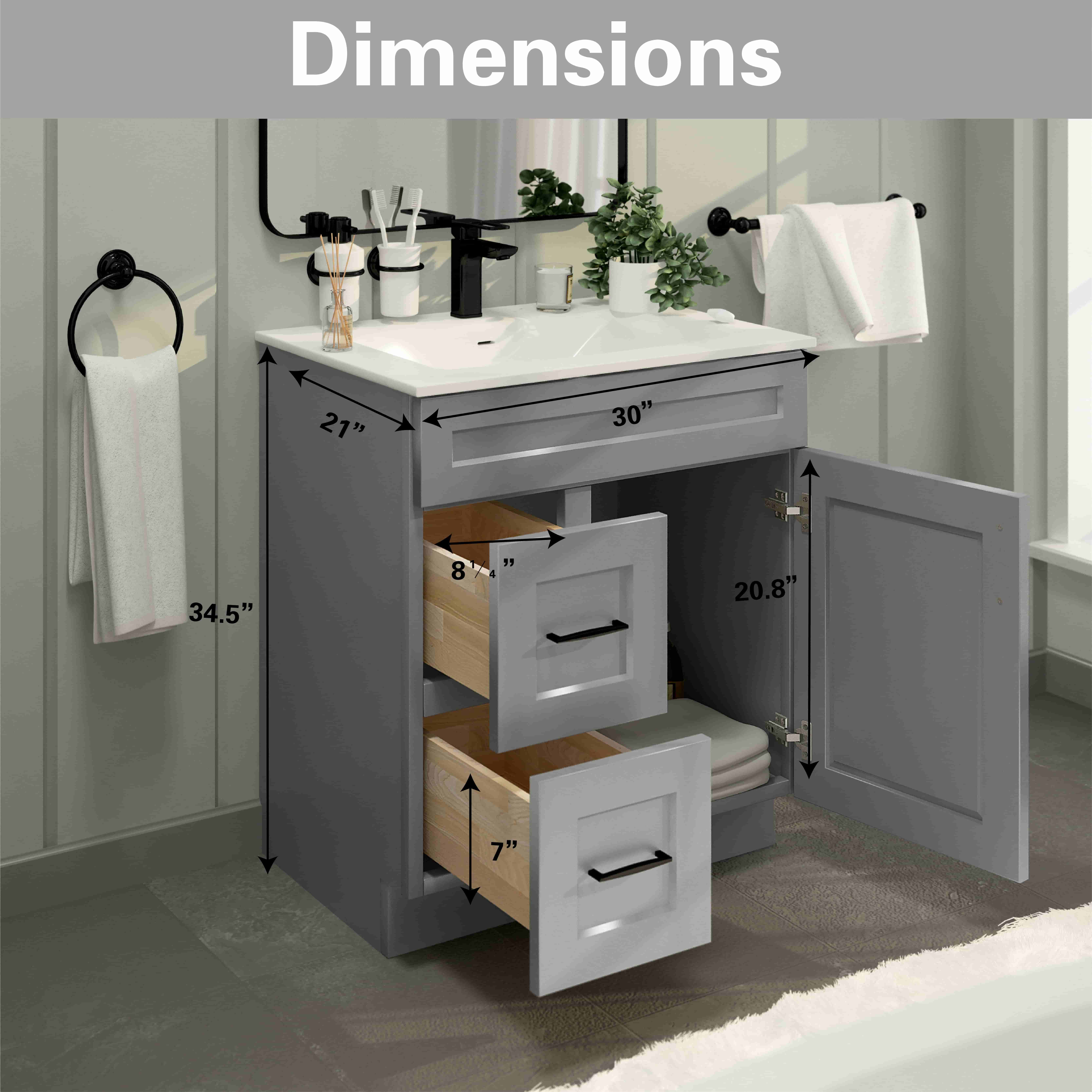Light Grey Shaker Bathroom Vanity Sink Base with Drawers 30" Ready-to-Assemble Cabinet