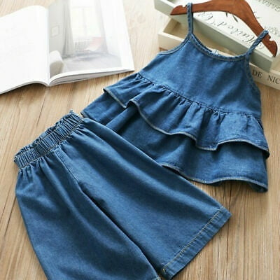 1-6 Years Toddler Baby Girl Denim Clothes Summer Ruffle Vest Tank Top Jeans Pants Outfit 2PCS