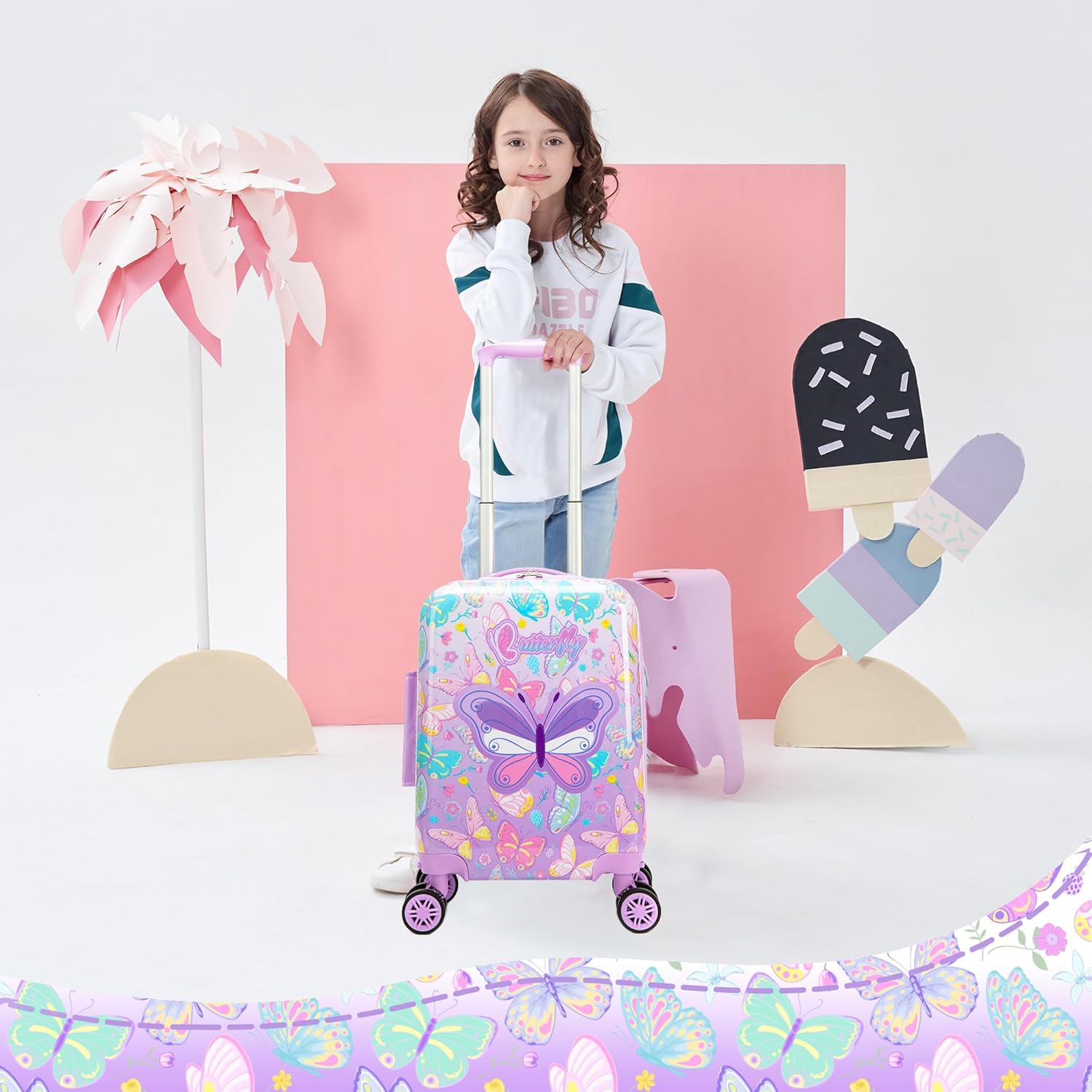 Kids Carry on Luggage Sets for Girls Cute Small Rolling Suitcases with Wheels Hard Shell Suitcase with Travel Pillow 16 inch