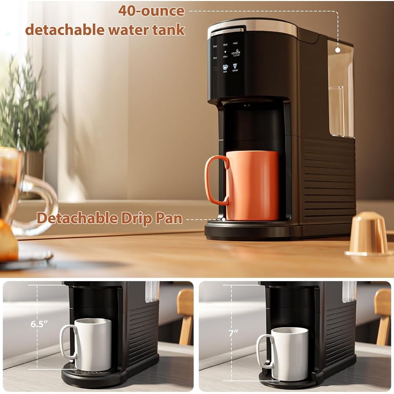 Waa 2 in 1 Single Serve Coffee Maker,Cup/Ground Coffee, 6-14 Oz, 40oz Tank, Auto Clean, Black