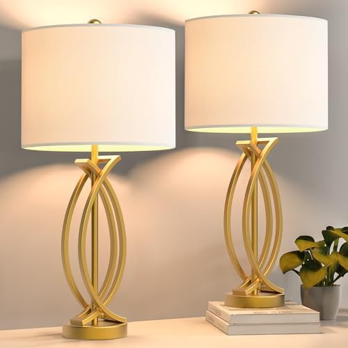 Gold Table Lamps for Bedroom Set of 2, 26" Traditional Bedside Lamps with White Shade, 3 Way Dimmable Metal Nightstand Lamp for Living Room, Tall End Table Desk Lamp for Home Office