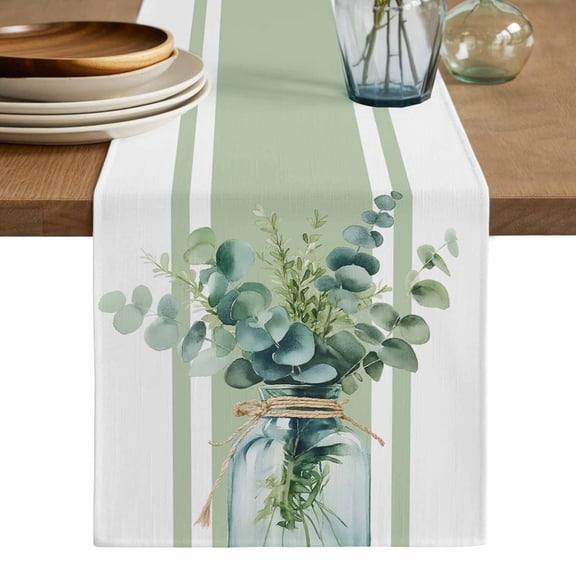 Sage Green Eucalyptus Leaves Table Runner, Farmhouse Stripe Botanical Washable Cotton Linen Table Runners 36 Inches Long, Dresser Scarf Runner for Nightstand/End Tables/Round Tables 13''x36''