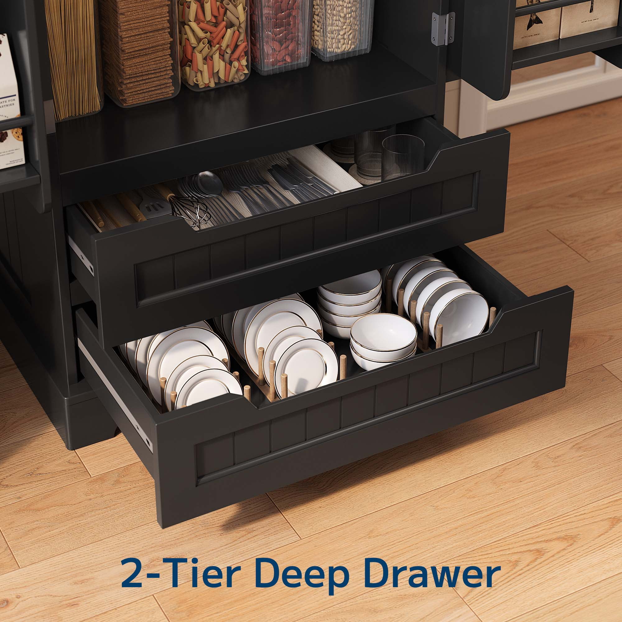 Pantry Storage Cabinet with 2 Drawers，Asofer 47" Kitchen Small Food Pantry Cabinet for Dining Room, Black