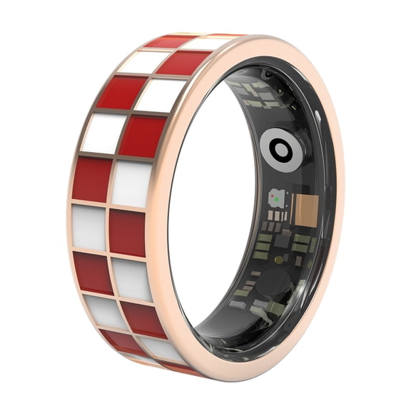 Vintage Checkerboard Daily Tracking Ring for Men Women, Fitness Trackers, 5ATM Waterproof, Activity Sleep Temp Record, Family Data Share, Android iOS Compatible, Red&white