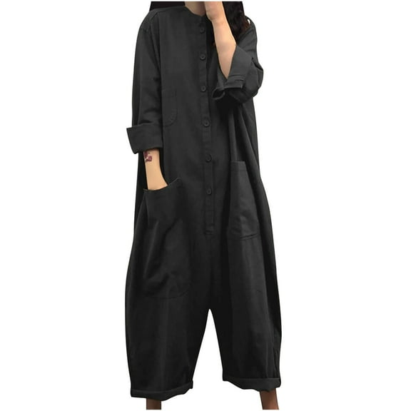 Dyegold Jumpsuits for Women Casual, Woman Jumpsuit Loose Casual Harem Long Trousers Button Down Solid Color Round Neck Sleeveless Rompers Overalls 2023 Black_Friday