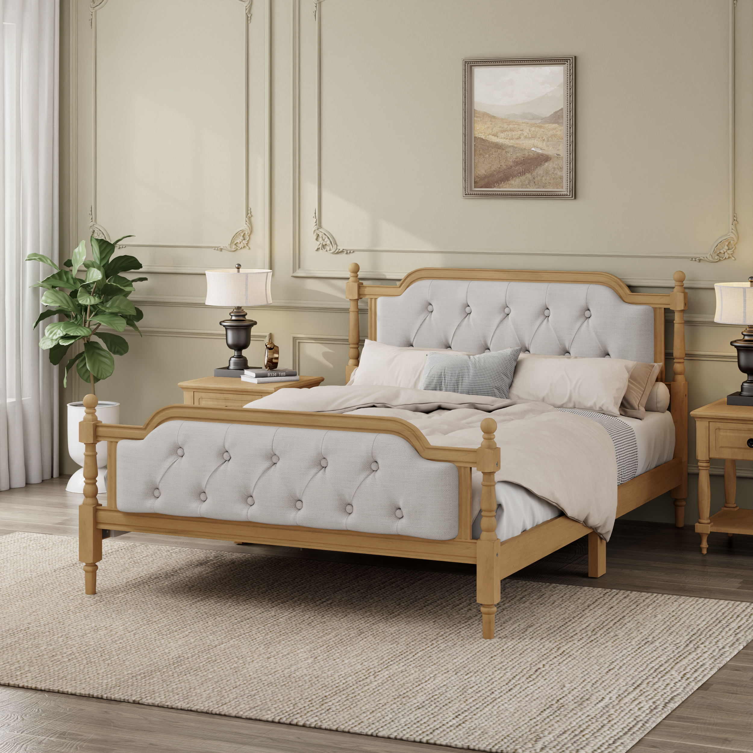 Euroco Traditional Wood Full Size Platform Bed with Upholstered Tufted Headboard, Walnut
