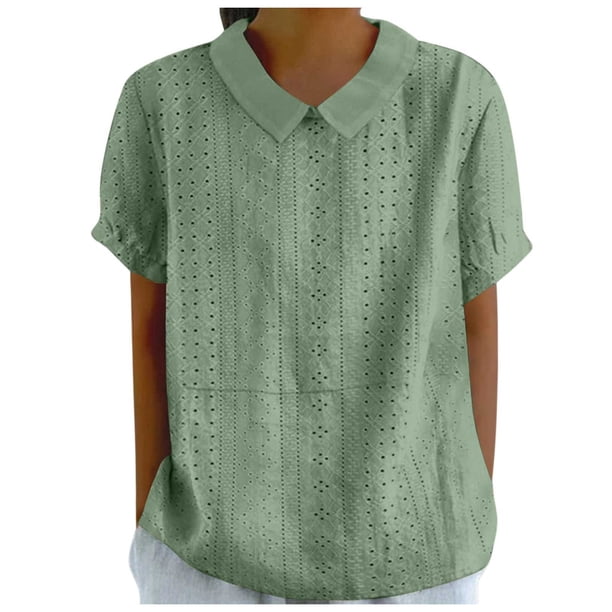 Nueva blusa con solapa para mujer - Top holgado informal de manga corta - Diseño irregular con encaje entretejido