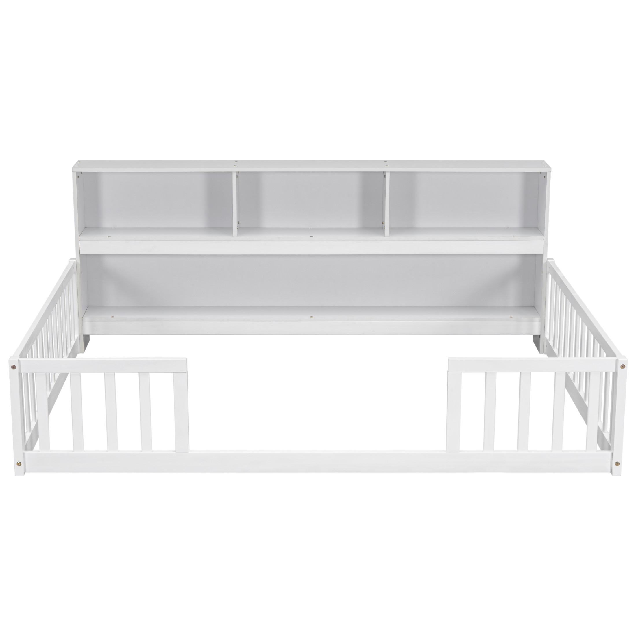 Noble House Lester Full Size Floor Bed, Pine Wood Frame with Side Bookcase, Shelves, and Guardrails for Kids, White