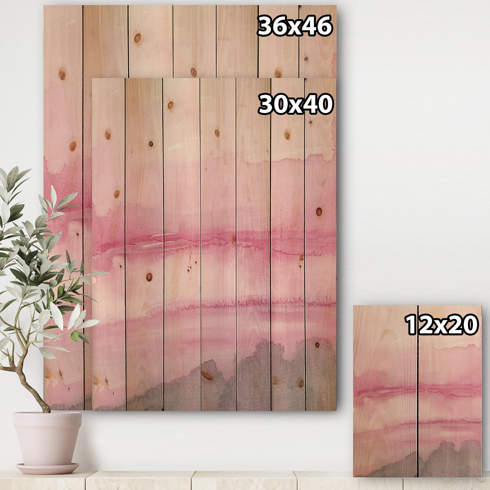 Designart 'Abstract Pink Watercolor' Shabby Chic Print on Natural Pine Wood