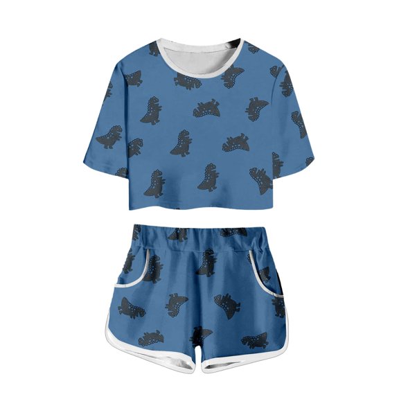 FINALGANG Boys Girls Kids Two Piece Outfit Dinosaur Print Crewneck Short Sleeve Top Shorts Set Casual Summer Tracksuits With Pockets For Daily Wear Blue 4-5 Years