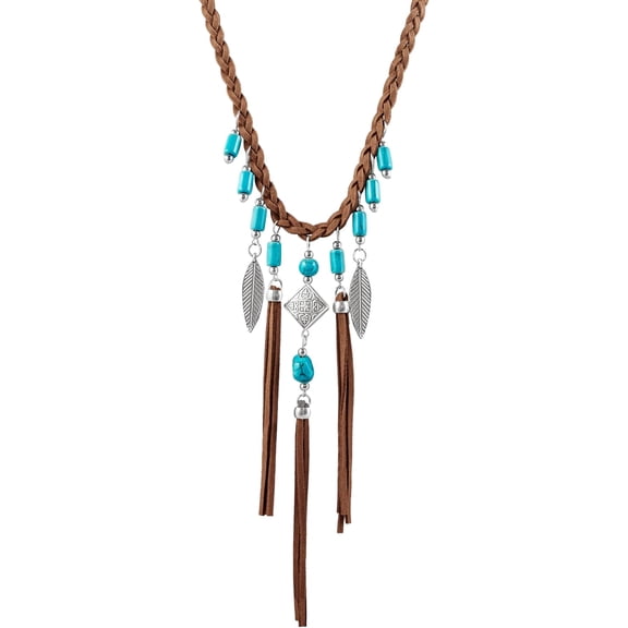 Hand-Woven Leather Choker Necklace with Created Turquoise Beads, Leaf Charms, Tassel, Bohemian Mix and Match Trendy Jewelry for Women