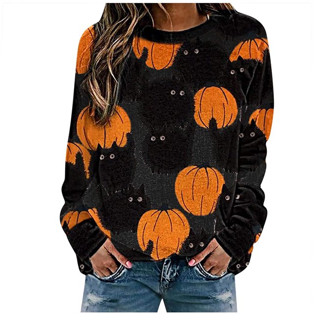 Chandail en Molleton Citrouille Chat pour Femmes Halloween Col Rond Pull Manches Longues Hauts Décontractés Amples