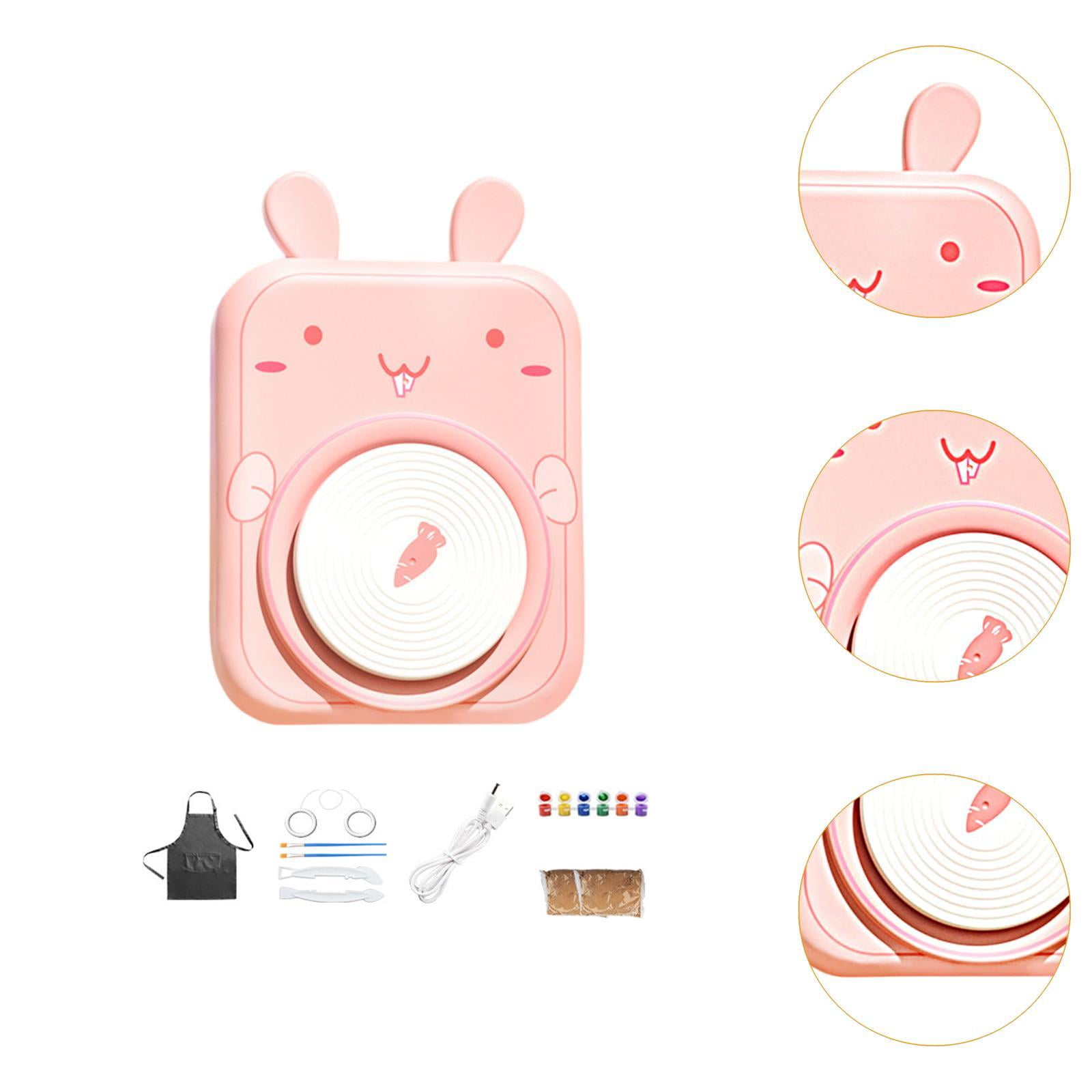 Tachiuwa Electric Pottery Wheel Set for Kids Porcelain Machine ,DIY Pigments, Beginner Pottery Machine Complete Pottery Kit Pink Bunny