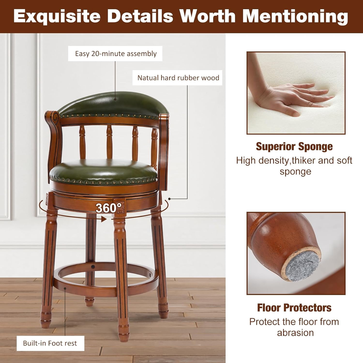 AULIFE Bar Stools Mid-Back Modern Swivel Barstools,Kitchen Counter Genuine Leather Upholstered Island Barstool with Footrest for Home Kitchen Dining Room