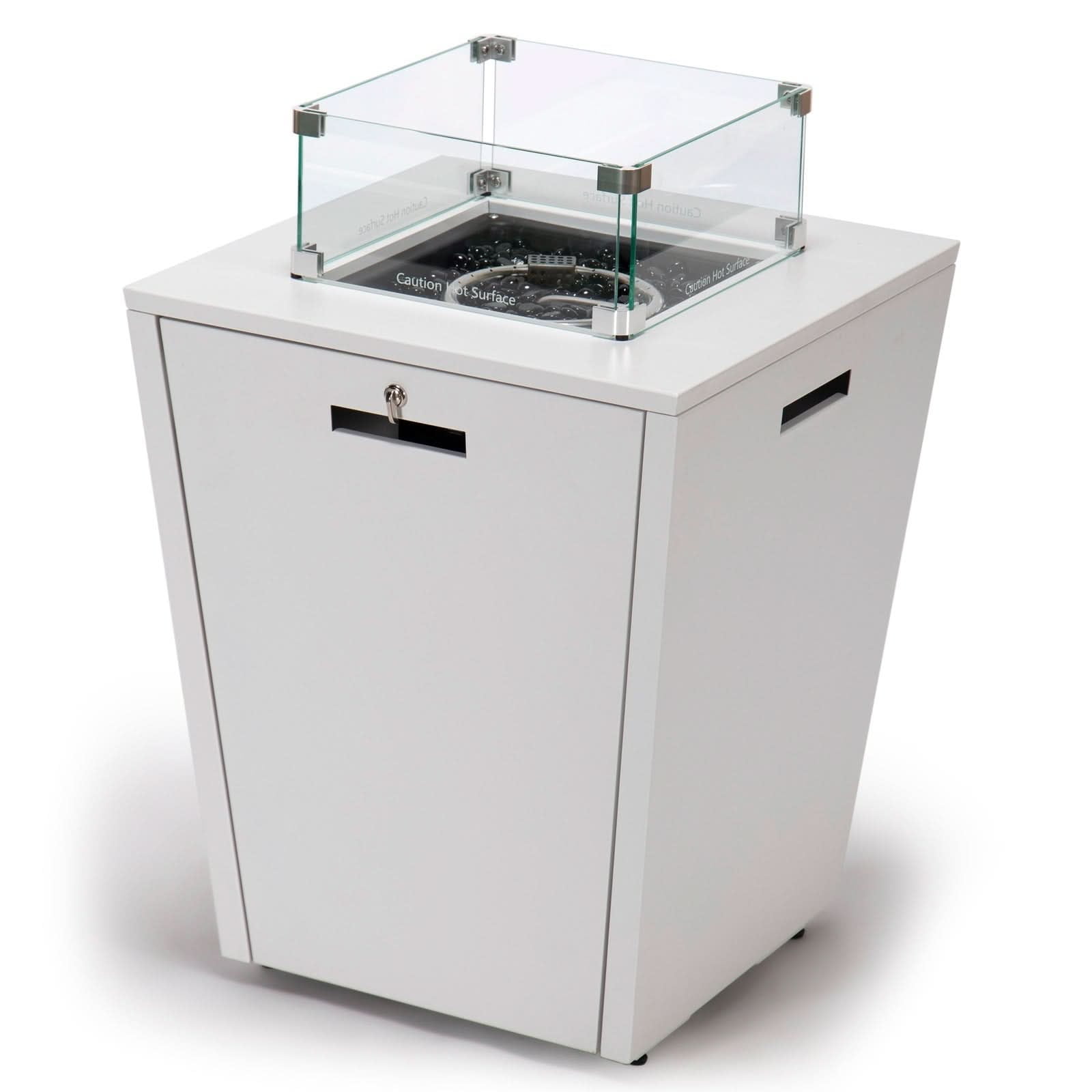 LeisureMod Chelsea 32" Propane Gas Fire Pit Table, White Steel CSA-Certified Outdoor Firepit with Tempered Glass Wind Guard & Lid – Patio Heater for Backyard or Garden