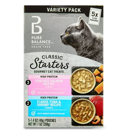 Pure Balance Classic Starters Gourmet Cat Treats, Poached Salmon in Broth and Flaked Tuna & Shrimp in Broth Variety Pack, 1.4 oz, 5 Count