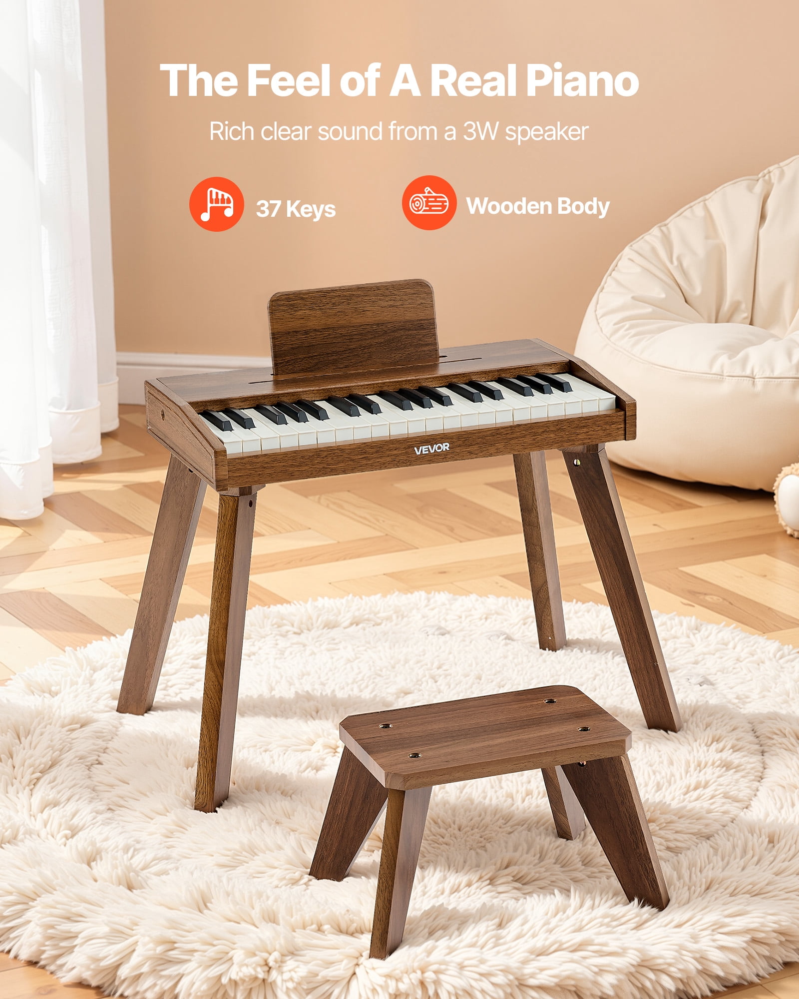 VEVOR Kids Piano Keyboard, 37 Key Wooden Digital Piano for Kids, Mini Music Educational Instrument Toy Set with Realistic Sound, Dual Power, Adjustable Volume for Toddlers, Boys Girls Learning,Walnut
