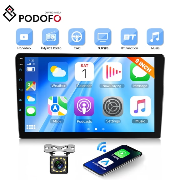 Podofo Double Din 9 in Touch Screen Car Stereo Radio with Wireless Carplay&Android Auto Backup Camera