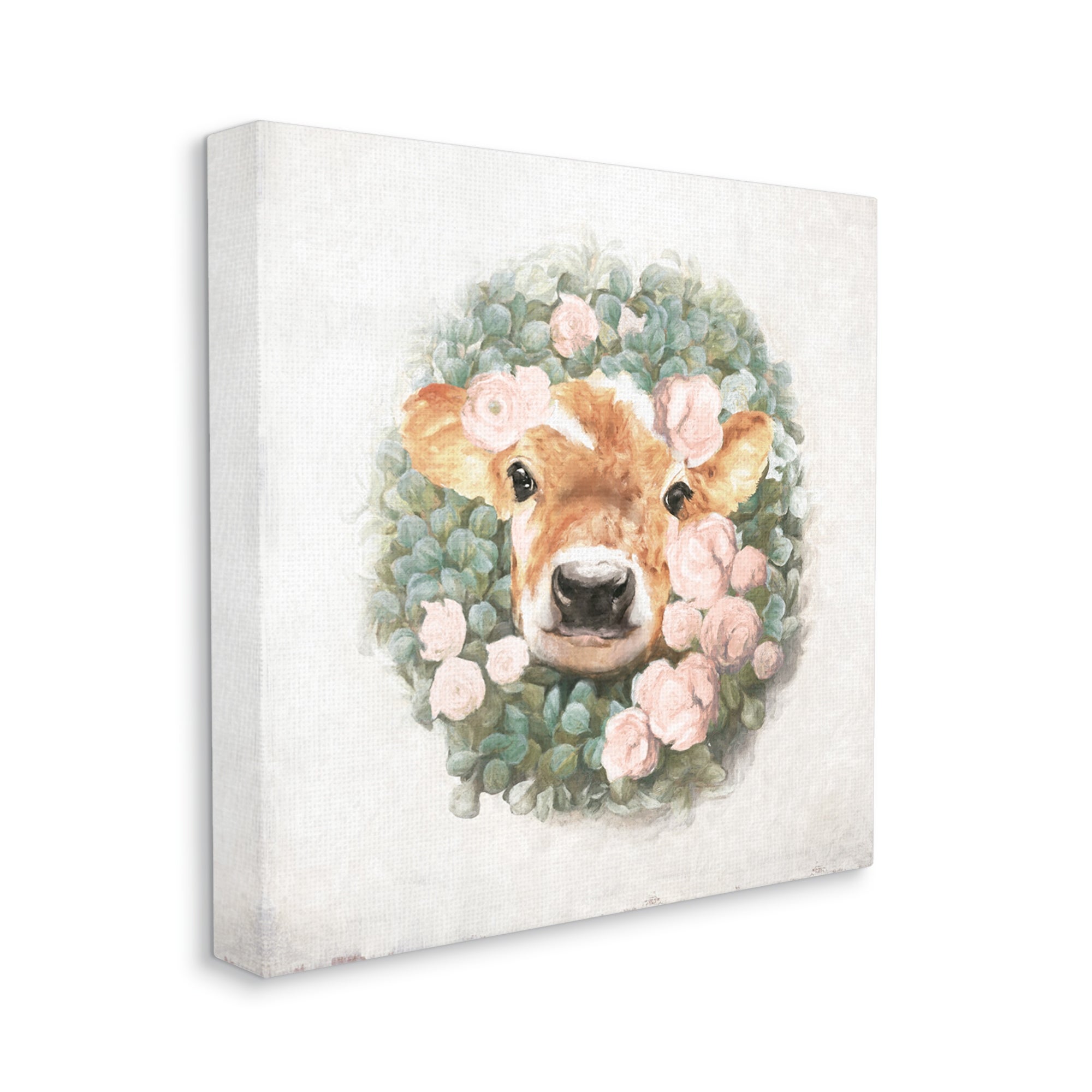Stupell Industries Adorable Baby Calf Cow Pink Blossom Wreath Painting Gallery Wrapped Canvas Print Wall Art, Design by White Ladder