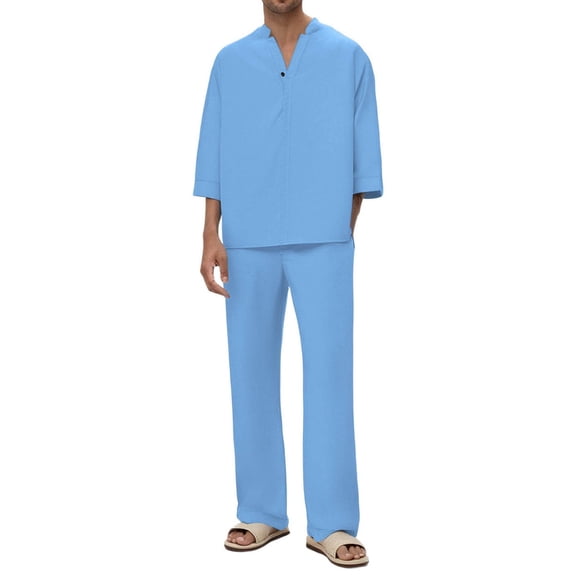 Men's V-Neck Two Piece Outfits Solid Color Three Quarter Sleeve Top and Pants Set for Outdoor Sports Casual Daily Hiking Fishing Travel Modern Fashion Essential | AESTIVO,Light Blue L
