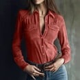 thumbnail image 2 of Faux Leather Shirts For Women Lapel Long Sleeve Button Down Tops Casual Stylish Clothes With Pockets (XL, Red), 2 of 7
