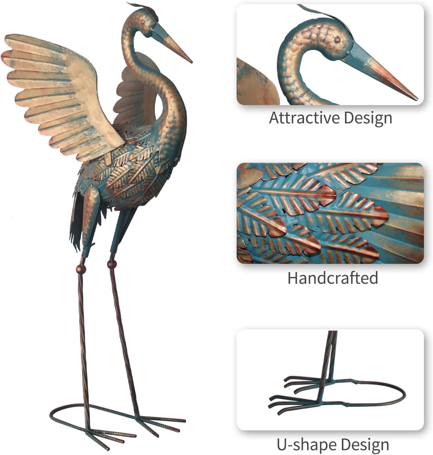 33-37 Inch Metal Crane Garden Statue Décor, Bird Heron Garden Sculpture & Statues, Outdoor Decoration for Yard Pond Lawn Backyard Pool, Vintage Spread Wings Crane, Set of 2 Copper