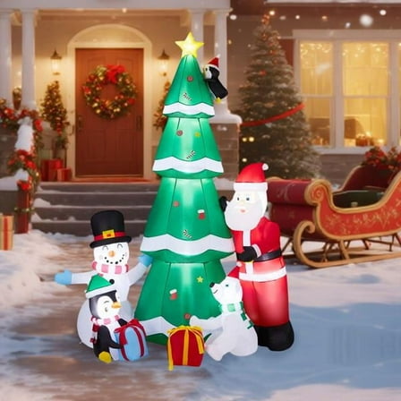 Giant Christmas Inflatable Tree with Santa, Snowman, Penguin, Weatherproof Polyester for Yard, Garden, Indoor
