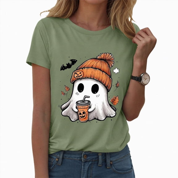 Linfrsh Halloween Tshirts Plus Size Women Halloween Shirt For Women Fashion Print T Shirt Short Sleeve Women Short Sleeve Round Neck Tee T Shirt Printing Loose Top