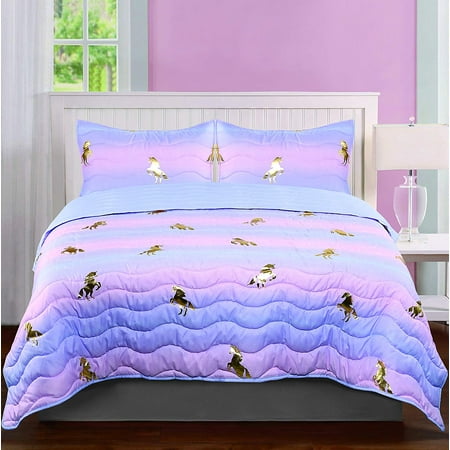Tadpoles Girls Unicorn Quilt Set  Full Size  Pink  Purple  Metallic Gold
