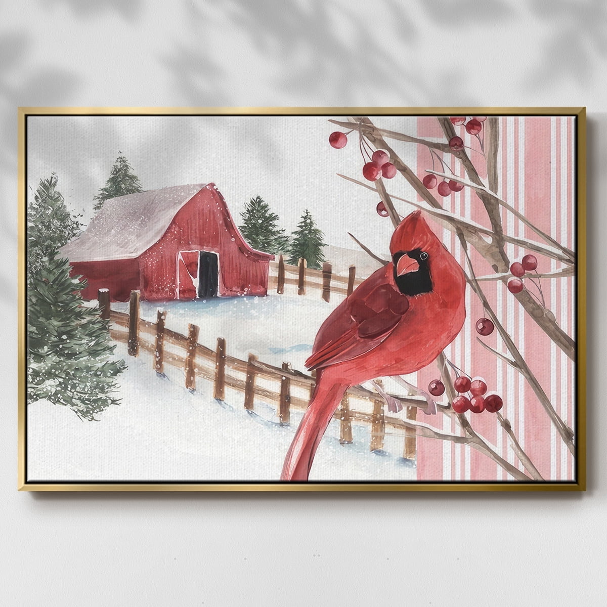 Winter Cardinal Collection A - Framed Gallery Wrapped Holiday Canvas - 17 x 25 - Gold Frame
