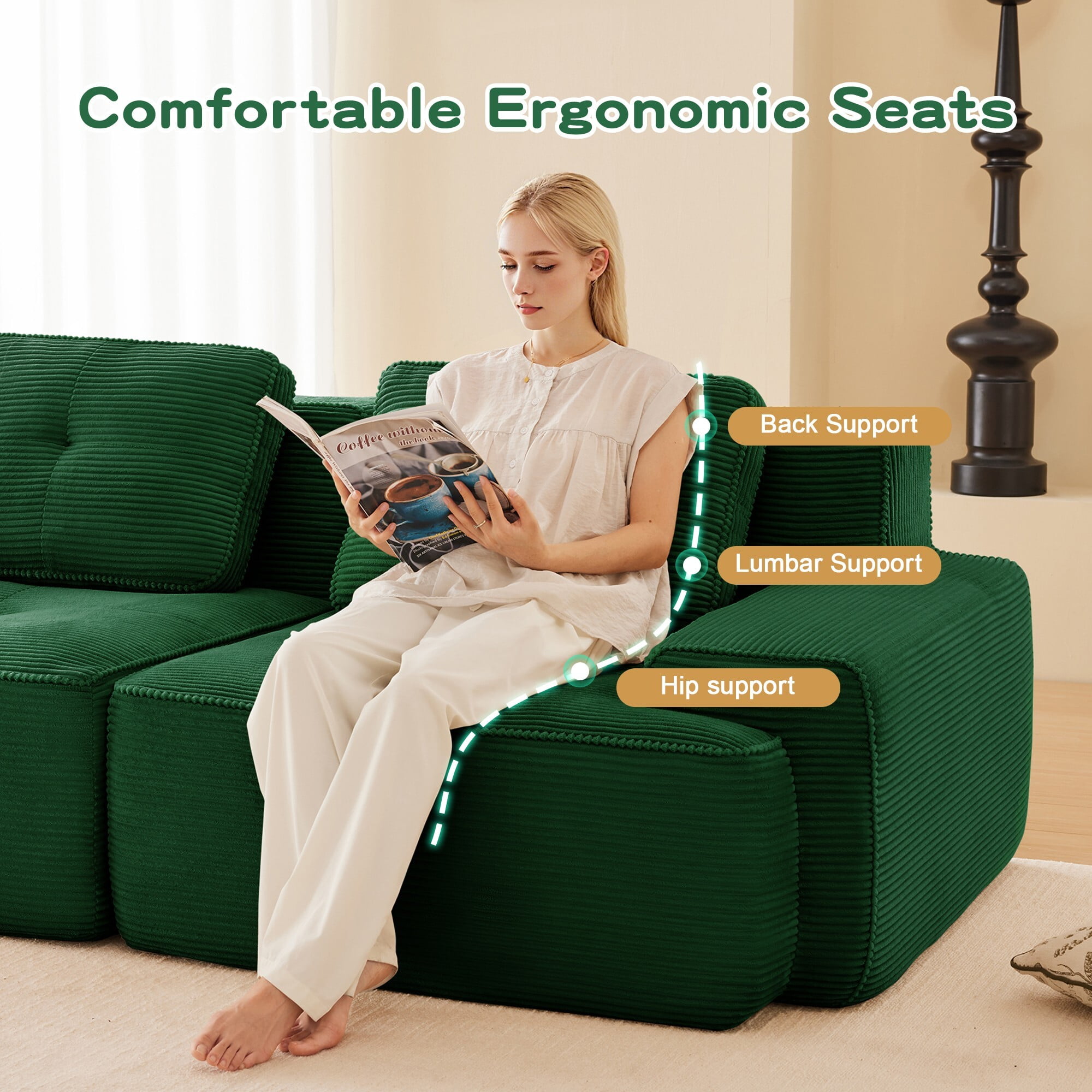 DEALTOPS Oversized Corduroy Loveseat, Sponge Filler Deep Seat 2-Seater Sofa for Living Room, No Assembly Needed, Green