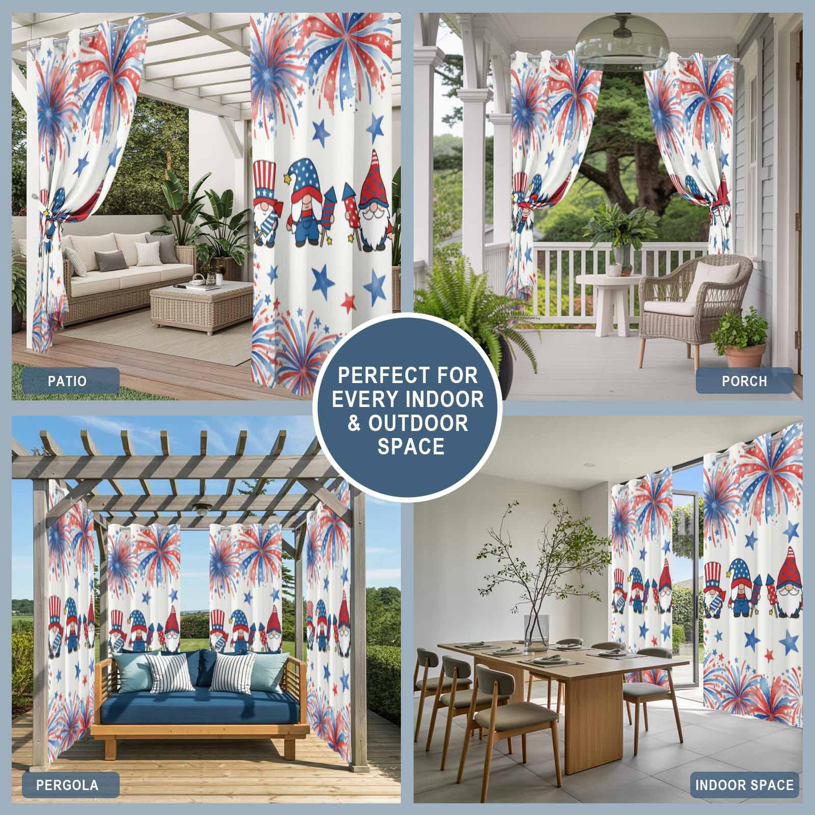 Independence Day Outdoor Curtains for Patio, American Flag Gnome Red Blue Fireworks Country Sunshade Privacy Drapes Grommet Waterproof Outside Curtains for Porch/Cabana/Balcony 54"x 108", 1 Panel