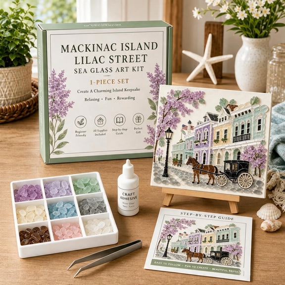 Timeless American Destinations Sea Glass Art Kit, Vintage Street with Carriage Easy Mosaic Craft Kit, Step-by-Step Tools, Beginner Friendly Art Decor