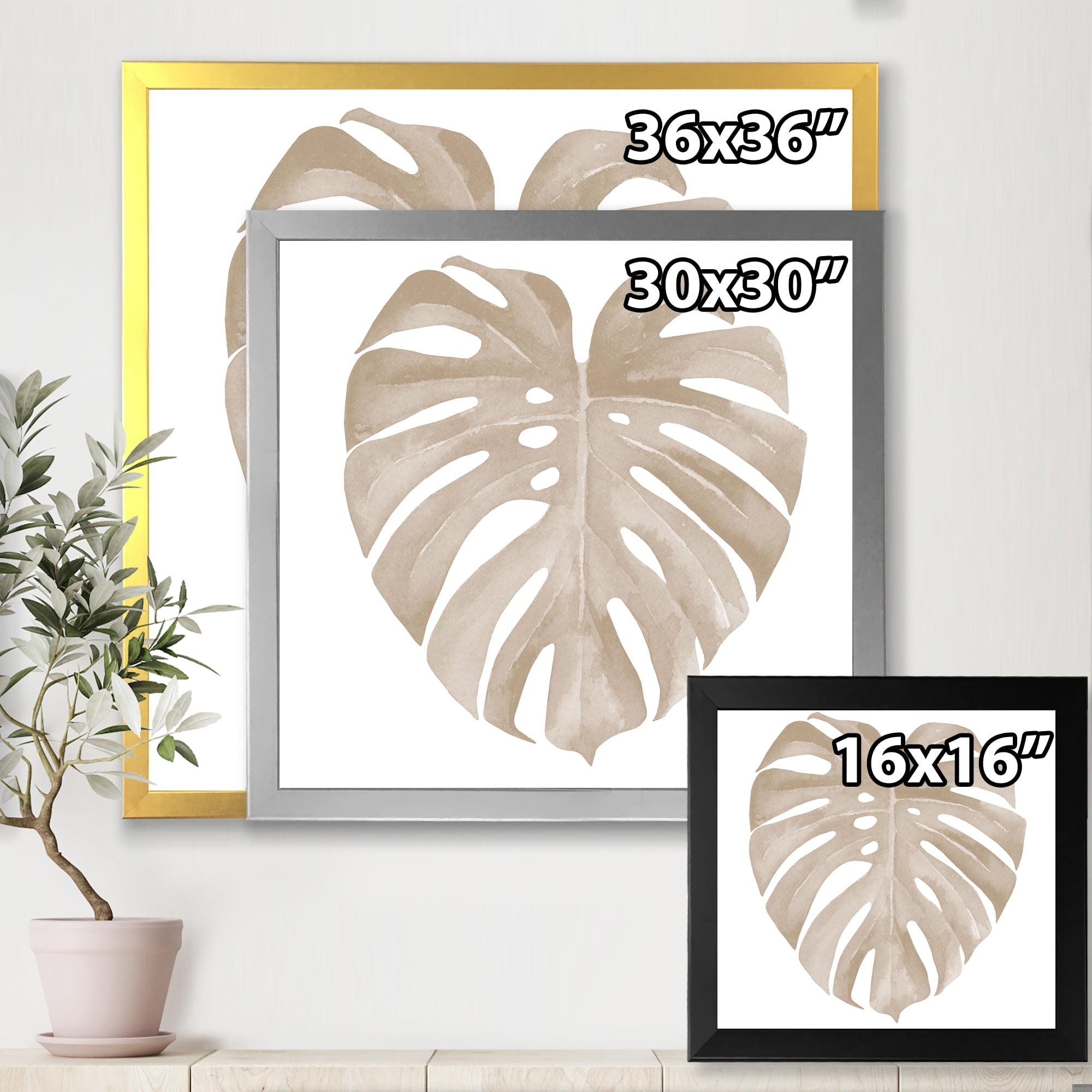 Designart 'Beige Ivory Pastel Monstera Heart Shaped Tropical Leaf' Traditional Framed Art Print
