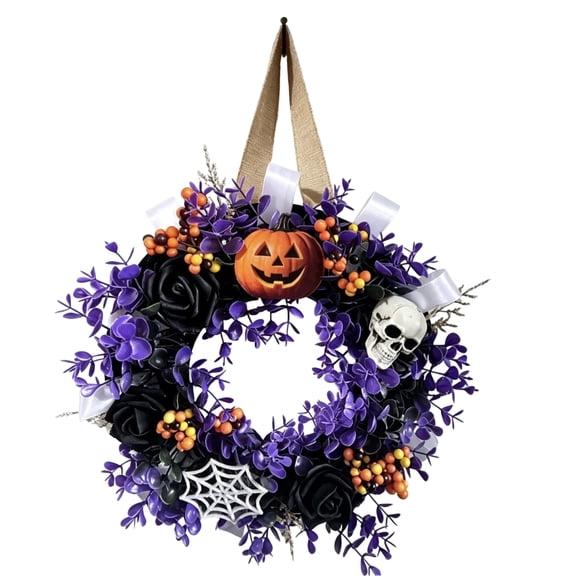 Halloween Wreath with Skeleton Skull and Web, Spooky Front Door Wreath for Outdoor Fall Decor, Haunted House Party Hanging Decorations for Home – 14 Inch