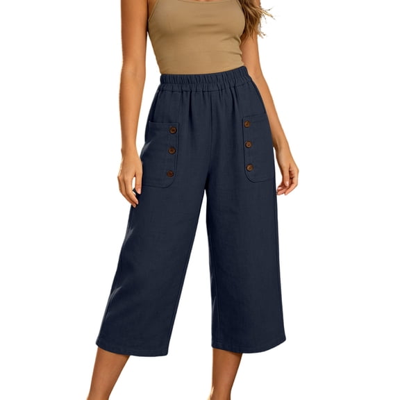 SHTXOZHI Elastic Waist Cropped Pants for Women Straight Leg Button Down Capris Casual Dressy Pants with Pockets